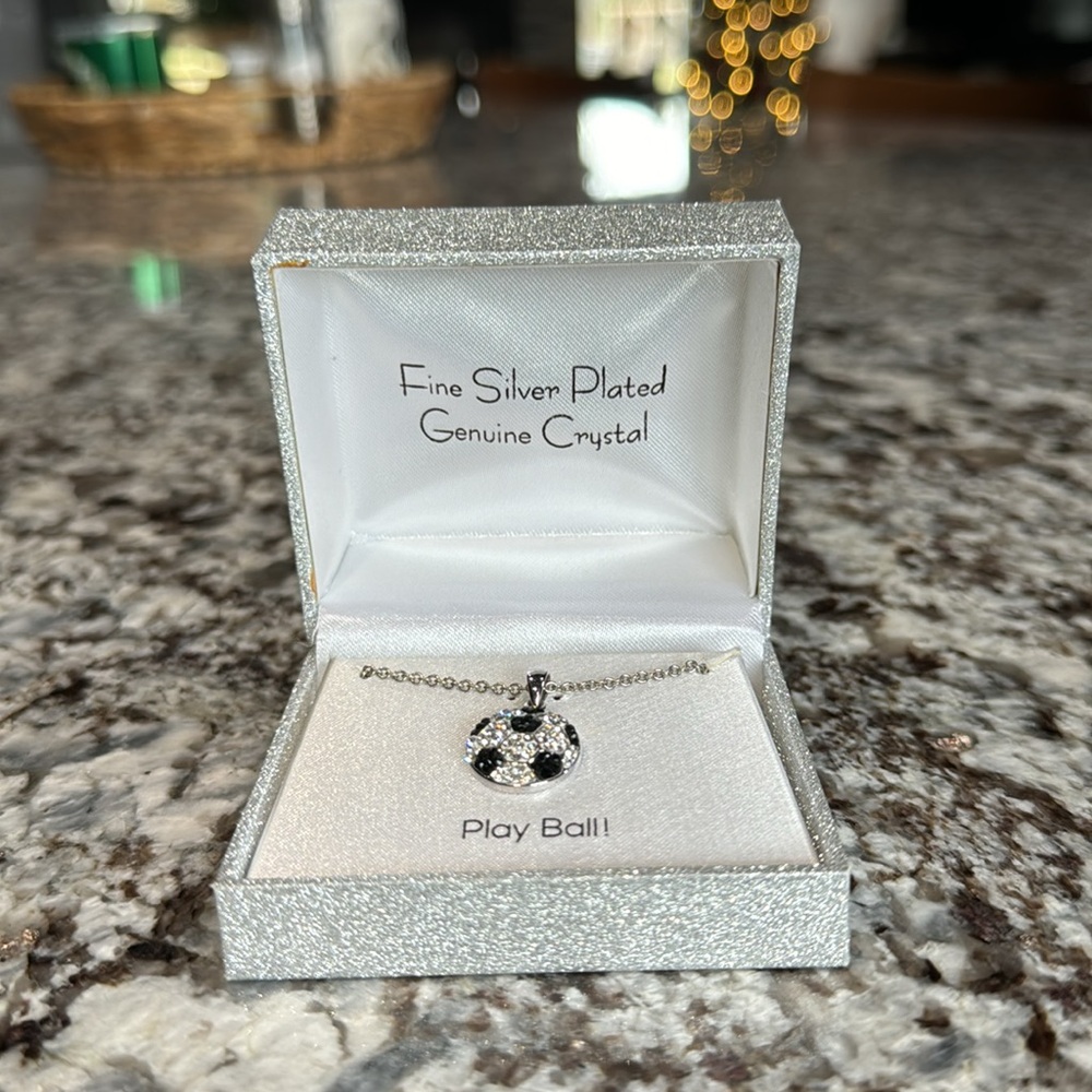 Silver Plated Crystal Soccer Pendant Charm Necklace